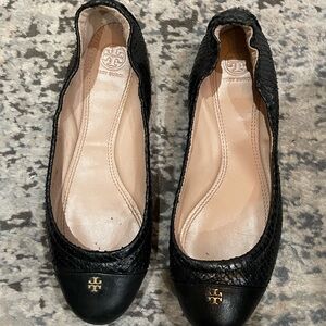 Used Tory Burch Black Leather Flats with Gold Logo